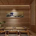 Japanese Zen Restaurant With Stone Wall Light Strips Pine Tree Decoration And Tatami Floor