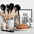Stylish Tableware Set With Black Spoons Coffee Accessories Bread And Greenery In Kitchen 3d model