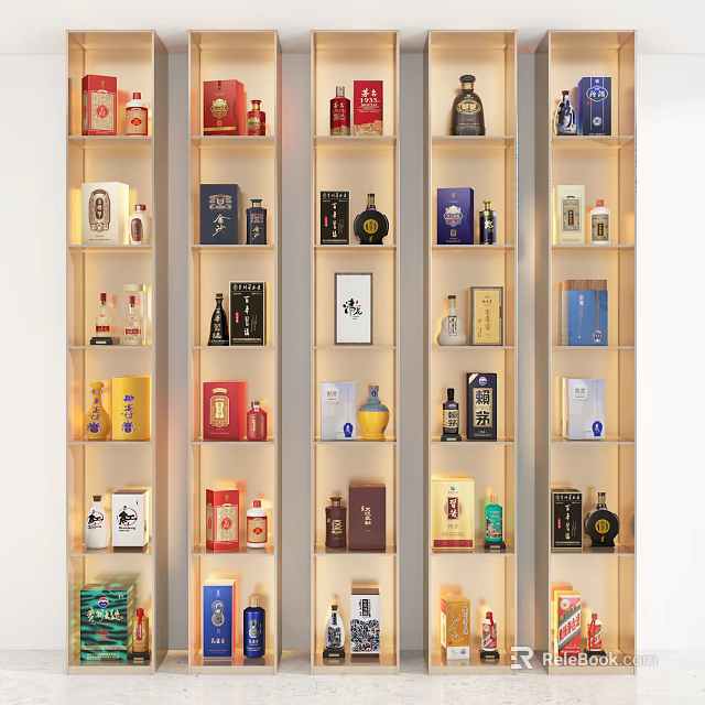 Modern Liquor Display Cabinet With Neatly Arranged Bottles And Colorful Boxes 3d model 