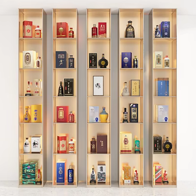 Modern Liquor Display Cabinet With Neatly Arranged Bottles And Colorful Boxes 3d model