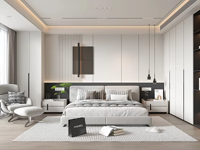 Modern Bedroom Interior With Bed Nightstands Pendant Lights Rug And Wall Art 3d model