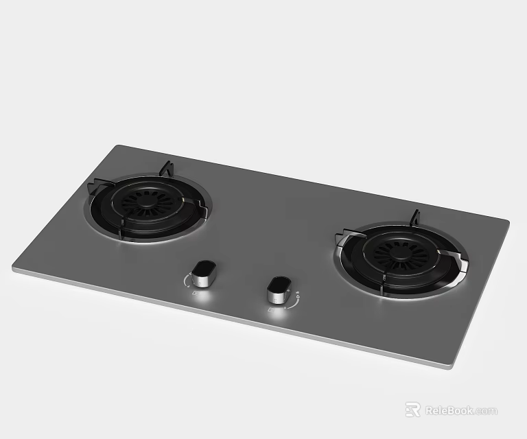 Modern Stainless Steel Gas Stove With Two Burners And Control Knobs 3d model 