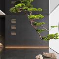 Modern Indoor Landscape Design Featuring Decorative Pine Tree Stone Ornaments And Gray Wall 3d model