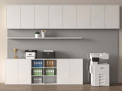 Modern White Display Shelves With Upper Shelf Trophy File Boxes And Office Printer Storage 3d model