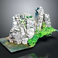Detailed Rockery Model With Natural Stone Structure And Lush Green Plants On Base