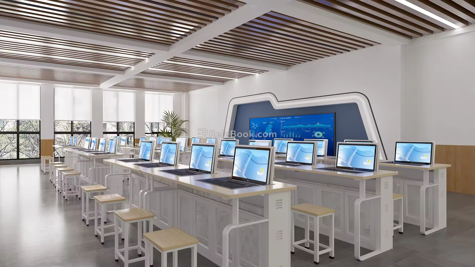 Computer Classroom Computer Desk and Chair Combination School Classroom 3d model