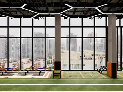 Modern Fitness Gym Interior With Large Windows City Skyline View Green Turf And Exercise Equipment 3d model