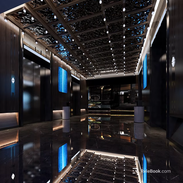 Modern Luxury Elevator Lobby With Intricate Ceiling Design And Marble Floor Reflections 3d model