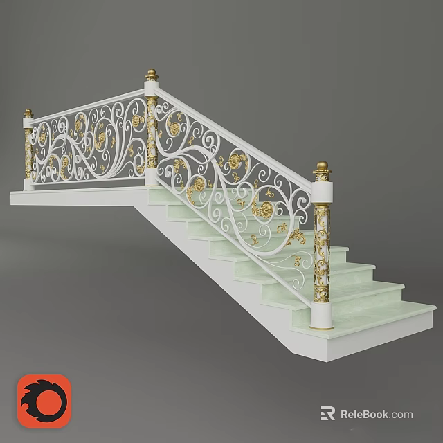 Ornate Staircase With White Railings Gold Decorative Accents And Polished Stone Steps 3d model 