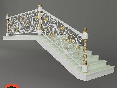 Ornate Staircase With White Railings Gold Decorative Accents And Polished Stone Steps 3d model