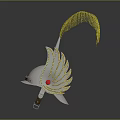 Metallic Helmet With Yellow Feather Top Side Structures And Red Dots