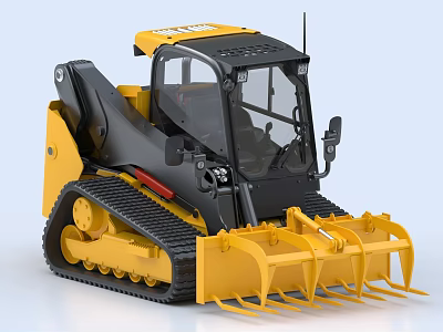 Yellow Agricultural Tracked Equipment With Black Tracks Front Bucket Tines And Enclosed Cabin 3d model