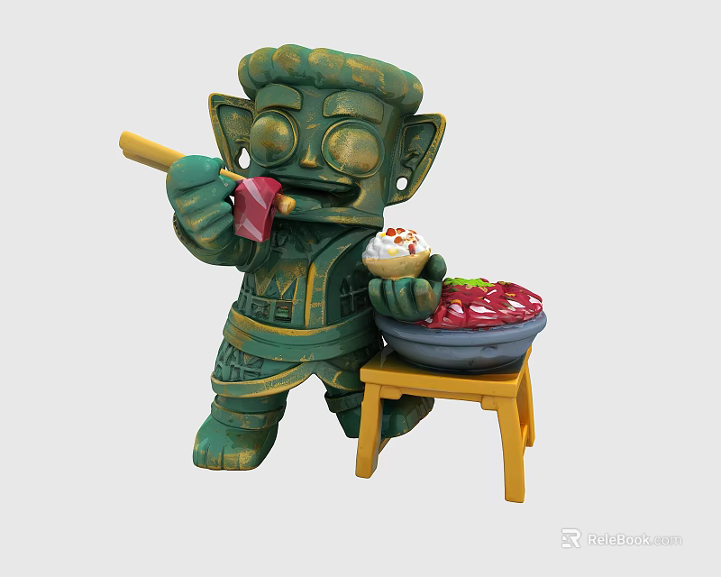 Art Installation Green Statue With Large Eyes Holding Hammer And Food Bowl On Small Stool 3d model 