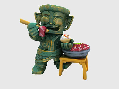 Art Installation Green Statue With Large Eyes Holding Hammer And Food Bowl On Small Stool 3d model