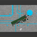 Construction Model With Gray Ground Green Mechanical Arm Blue Circle Scattered Parts And Yellow Fence
