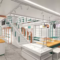 Modern Specialty Store Interior With Green Shelves Display Counters And Hanging Signs