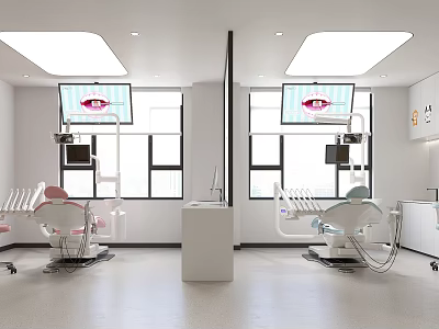 Bright Modern Dental Clinic Interior With Dental Chairs Screens And Windows 3d model