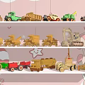 Wooden Building Blocks Toy Vehicles Including Trucks Tractors And Engineering Cars On Pink Shelves