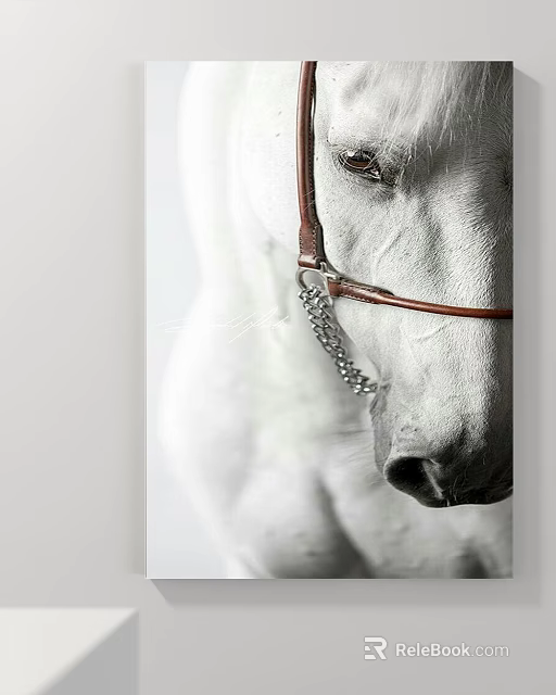 Animal Painting of a White Horse with Brown Bridle and Silver Chain Close Up View 3d model 