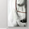 Animal Painting of a White Horse with Brown Bridle and Silver Chain Close Up View
