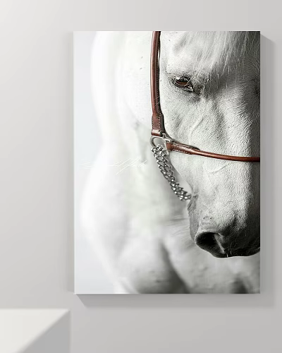 Animal Painting of a White Horse with Brown Bridle and Silver Chain Close Up View 3d model