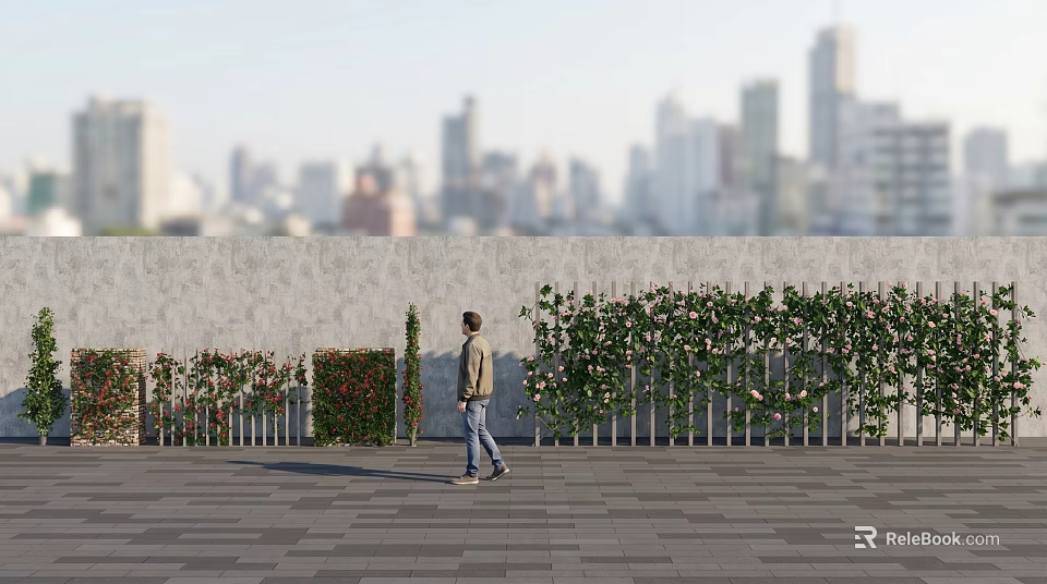 Vines With Pink Flowers Growing On Wall In Urban Plaza With City Background And Person Walking 3d model 