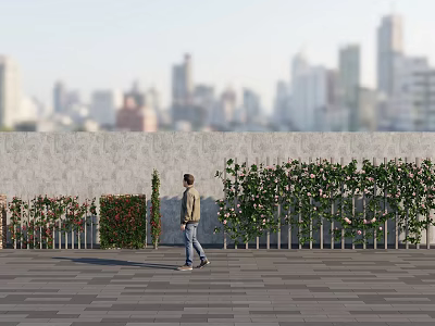 Vines With Pink Flowers Growing On Wall In Urban Plaza With City Background And Person Walking 3d model