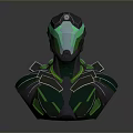 Sci Fi Game Movie Character Bust With Futuristic Black Green Armor And Glowing Blue Accents