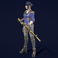 Female Warrior Holding Golden Decorated Gun Wearing Blue And Gold Outfit With Armor Details