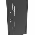 Modern Industrial Swing Door With Black Perforated Design Gray Panel Handle And Lock