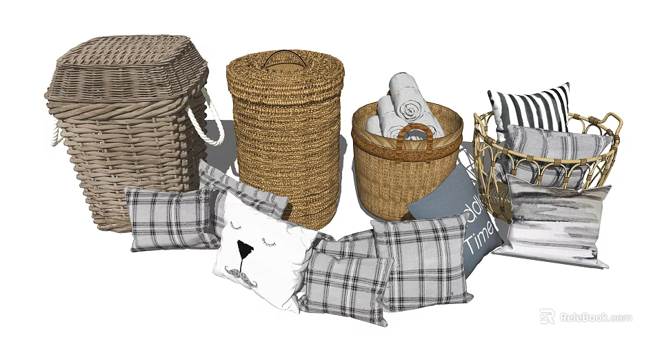 Decorative Woven Storage Baskets for Home Organizing with Soft Pillows and Towels 3d model 