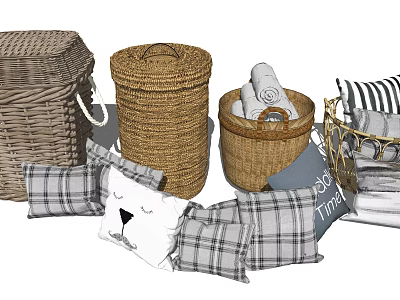 Decorative Woven Storage Baskets for Home Organizing with Soft Pillows and Towels 3d model