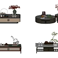 Modern Coffee Tables With Different Styles And Decorative Elements Like Vases Tea Sets And Plants 3d model