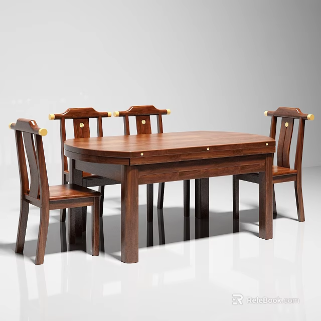 Classic Wooden Dining Table Set With Four Chairs And Golden Accents 3d model 