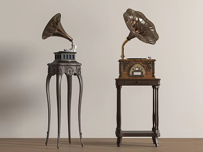 Two Vintage Gramophones With Carved And Wooden Stands Featuring Classic Horn Speakers 3d model