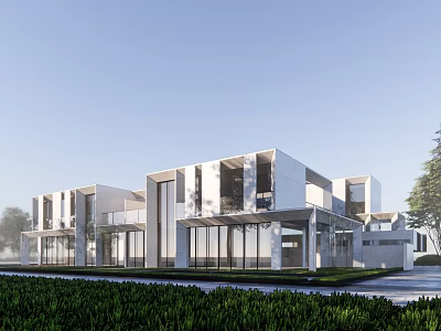 Modern Townhouse Exterior With Large Glass Windows And Neat Greenery Front 3d model