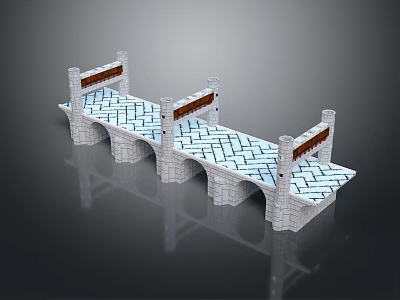 Stone Bridge Structure Design With Arches Blue Tiles Deck And Brown Railings 3d model