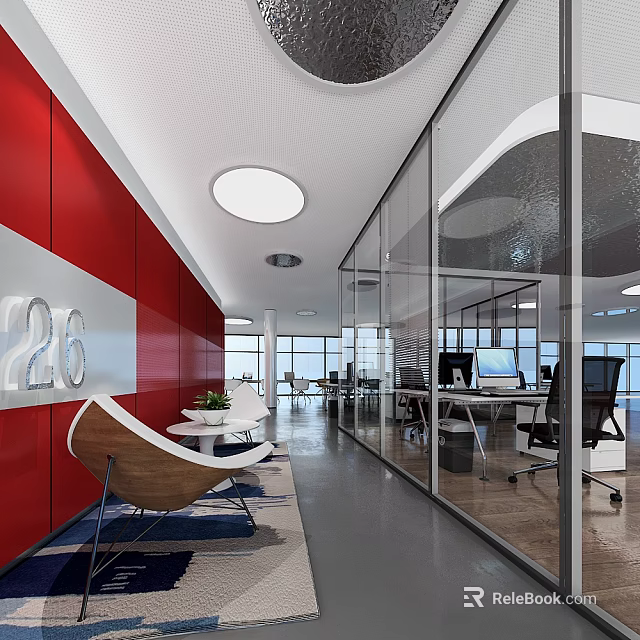 Modern Office Corridor With Red Wall Number 226 Sign Glass Partitions Office Desks And Chairs 3d model 