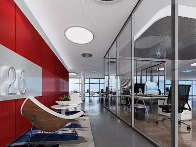 Modern Office Corridor With Red Wall Number 226 Sign Glass Partitions Office Desks And Chairs 3d model
