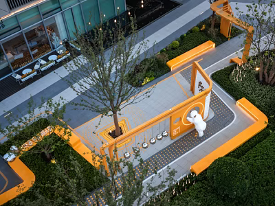 Modern Park Landscape with Orange Structures Swings Trees and Greenery Paths 3d model