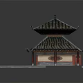 Cartoon Scene of Chinese Two Story Building Red Doors Gray Tile Roof and Stone Platform