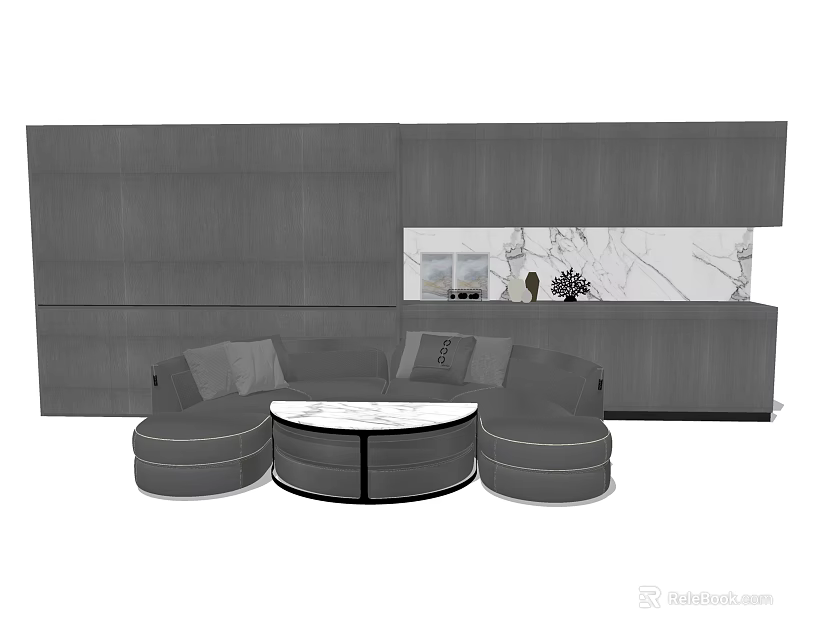 Modern L shaped Sectional Sofa With Round Coffee Table And Gray Wall Panels 3d model