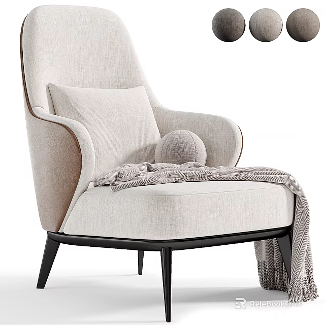 Comfortable Beige Linen Lounge Chair With Soft Pillow And Cozy Knit Blanket 3d model 