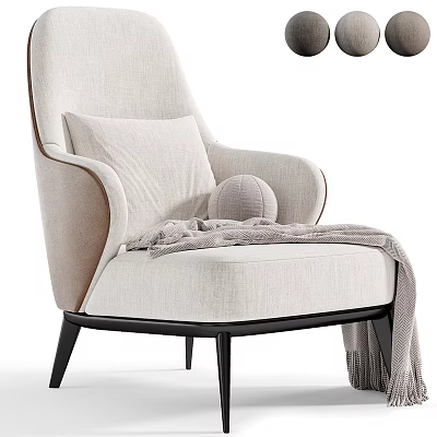 Comfortable Beige Linen Lounge Chair With Soft Pillow And Cozy Knit Blanket 3d model