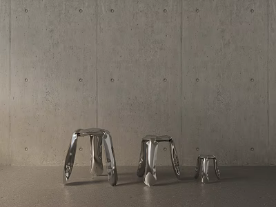 Stylish Modern Metal Stools With Various Sizes Arranged Against Concrete Wall Background 3d model