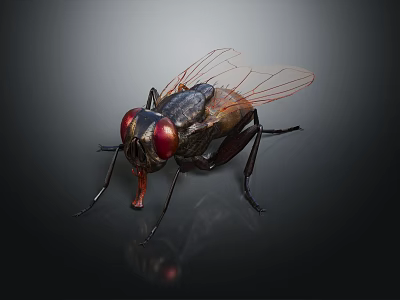 Fly with red compound eyes transparent wings black body on dark background with reflection 3d model