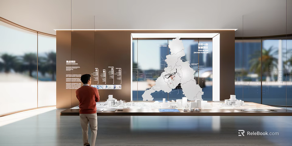 Enterprise Exhibition Hall Featuring 3D Models Regional Map And Interactive Visitor Displays 3d model