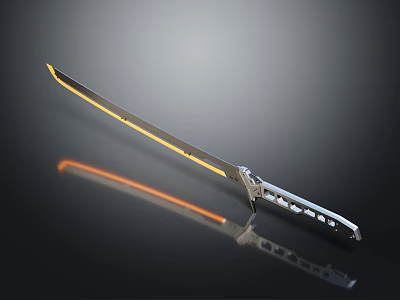 Modern Samurai Sword With Yellow Blade And Silver Handle On Reflective Surface 3d model