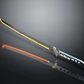 Modern Samurai Sword With Yellow Blade And Silver Handle On Reflective Surface 3d model