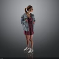 Woman With Ponytail In Light Blue Denim Jacket Pink Floral Dress White Sneakers